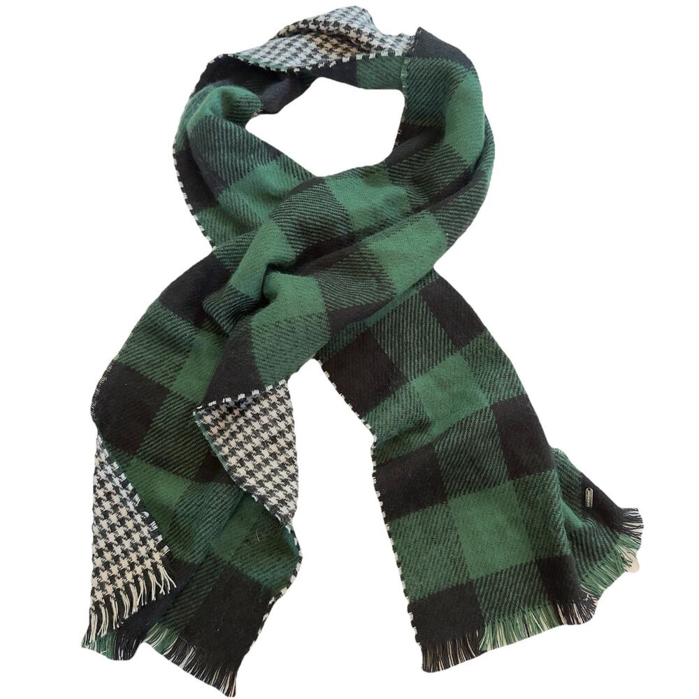 Steve Madden Reversible Scarf Green Black Buffalo Plaid Houndstooth Fringe Soft